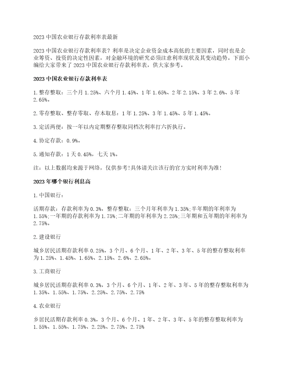 2023中国农业银行存款利率表最新