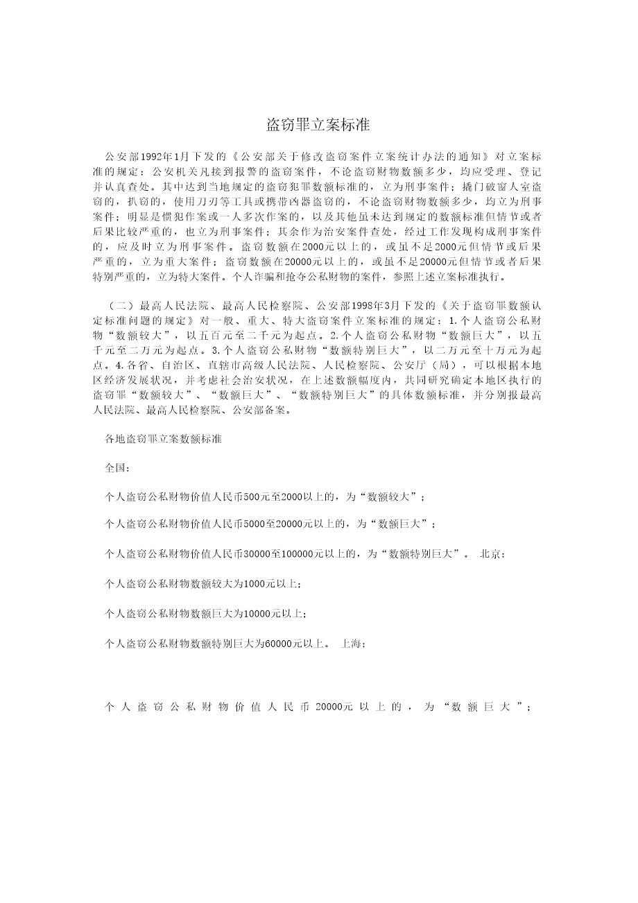 盗窃罪立案标准